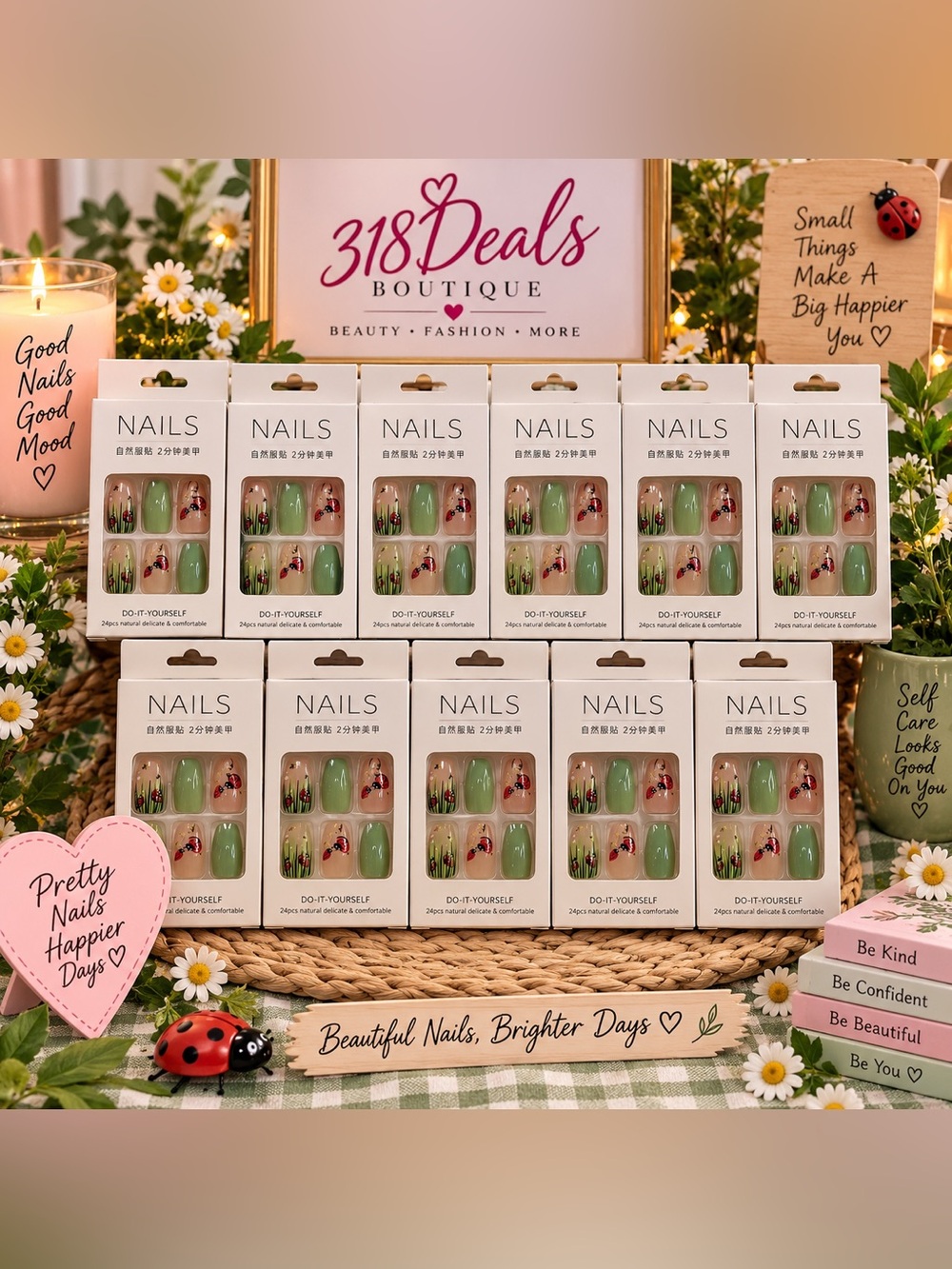 Nails Green Floral & Ladybug Press-On Nail Set by